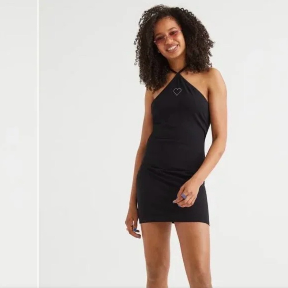 H&M Black Halter Neck Rhinestone Heart Bodycon Mini Dress NWT Size XXS/XS